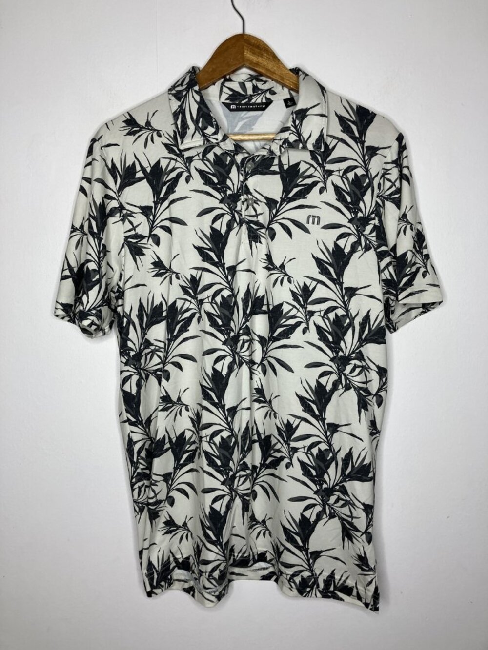 TravisMathew Men's L Polo Shirt White Black Leaf Print Performance Stretch Golf